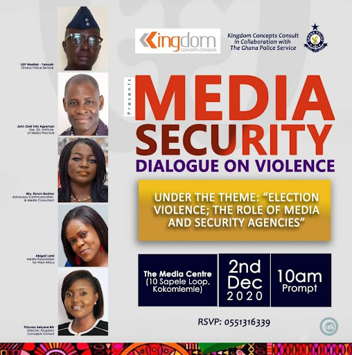 Original flyer for the Media Security Dialogue on Violence, 2 December 2020, featuring its theme and five speakers