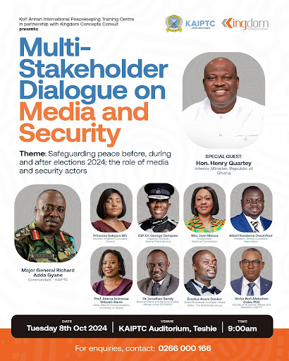 Original flyer for the Multi-Stakeholder Dialogue on Media and Security at KAIPTC, 8 October 2024, featuring special guest Hon. Henry Quartey and the speakers